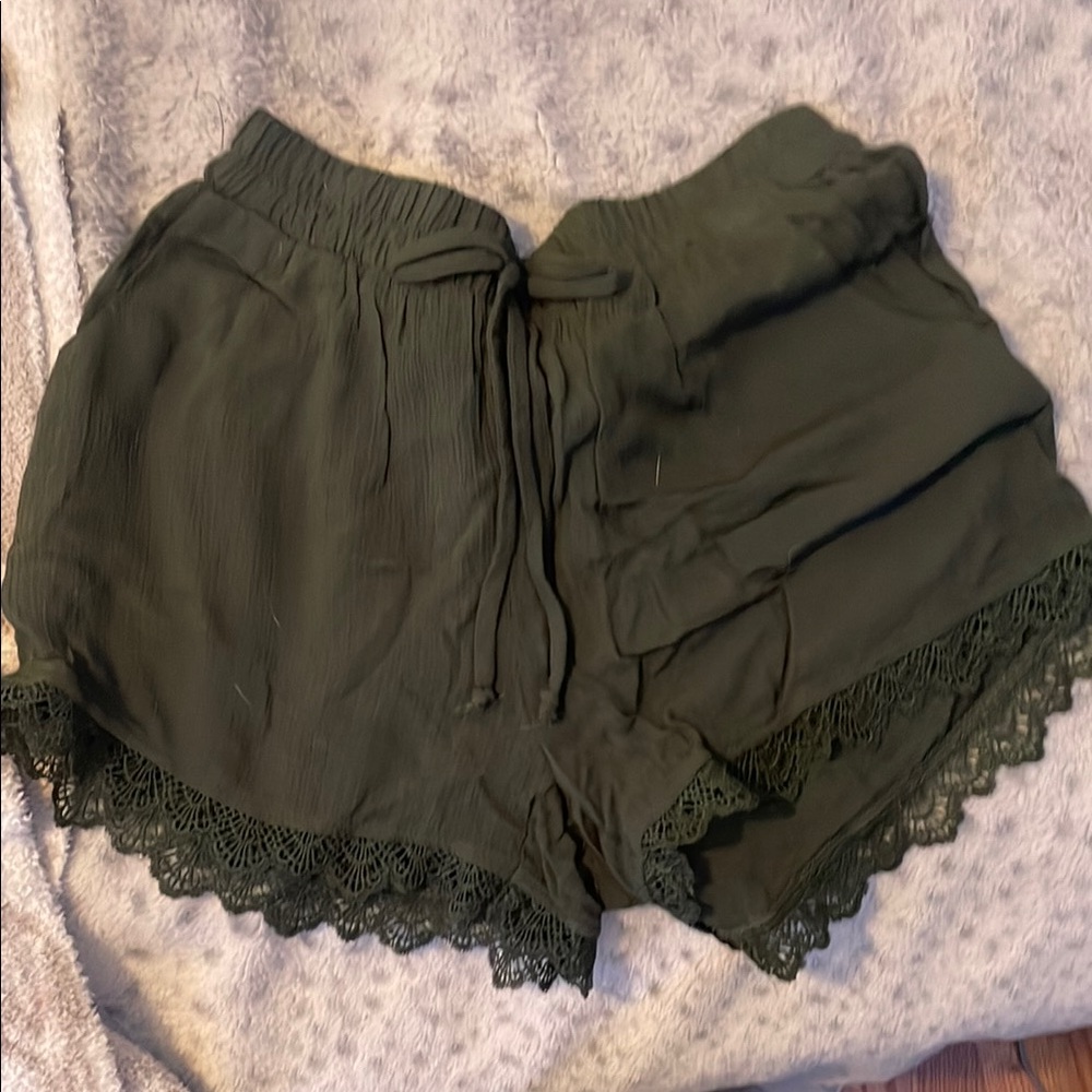 Dark Green Lace Trim Shorts